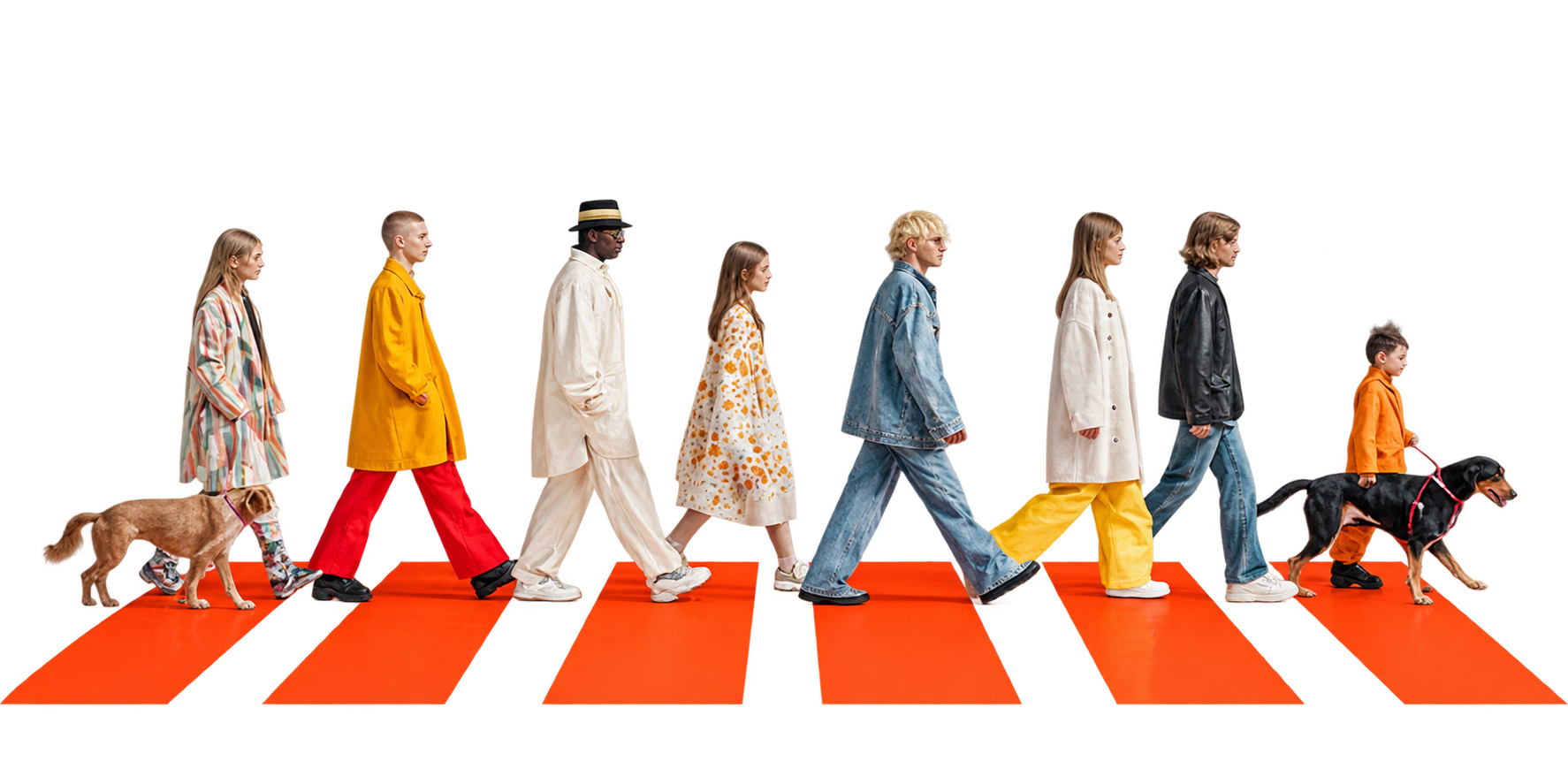 People walking together across a bright orange crossing